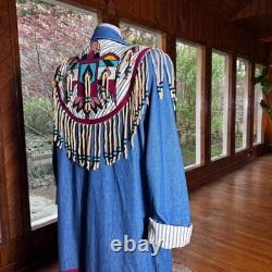 Vintage Southwestern Native Denim Trench Coat Beaded Fringe Festival Size L/XL