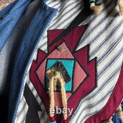 Vintage Southwestern Native Denim Trench Coat Beaded Fringe Festival Size L/XL