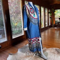Vintage Southwestern Native Denim Trench Coat Beaded Fringe Festival Size L/XL