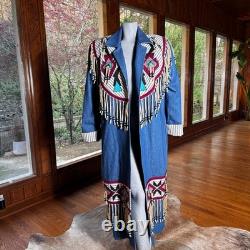 Vintage Southwestern Native Denim Trench Coat Beaded Fringe Festival Size L/XL