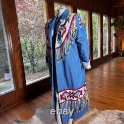 Vintage Southwestern Native Denim Trench Coat Beaded Fringe Festival Size L/XL