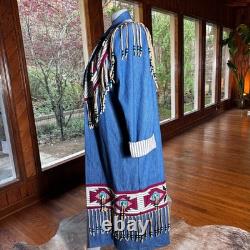 Vintage Southwestern Native Denim Trench Coat Beaded Fringe Festival Size L/XL
