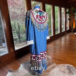 Vintage Southwestern Native Denim Trench Coat Beaded Fringe Festival Size L/XL