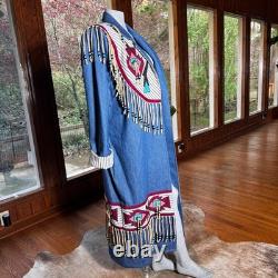 Vintage Southwestern Native Denim Trench Coat Beaded Fringe Festival Size L/XL