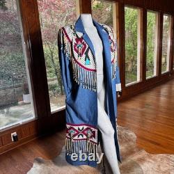 Vintage Southwestern Native Denim Trench Coat Beaded Fringe Festival Size L/XL