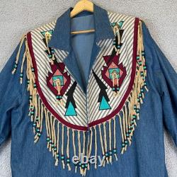 Vintage Southwestern Native Denim Trench Coat Beaded Fringe Festival Size L/XL