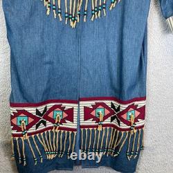 Vintage Southwestern Native Denim Trench Coat Beaded Fringe Festival Size L/XL