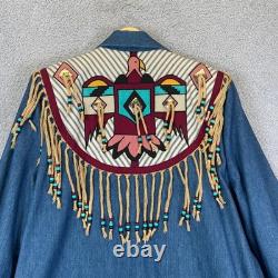 Vintage Southwestern Native Denim Trench Coat Beaded Fringe Festival Size L/XL