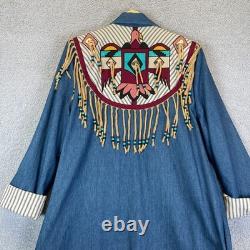 Vintage Southwestern Native Denim Trench Coat Beaded Fringe Festival Size L/XL