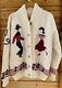 Vintage Square Dance Sweater Hand Knit Cowichan Western Cardigan Rockabilly XL