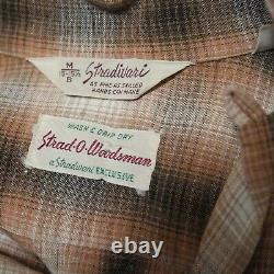 Vintage Stradivari 1950s Rayon Gabardine Shadow Plaid Loop Collar Shirt L
