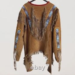 Vintage Suede Leather Fringe Jacket Beaded Western Native Style Coat