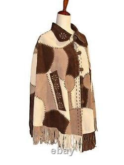 Vintage Suede Leather Poncho Cape Boho Western Hippie Fringe Hand Woven Sz M/L