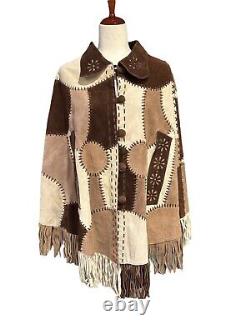 Vintage Suede Leather Poncho Cape Boho Western Hippie Fringe Hand Woven Sz M/L