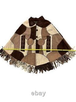 Vintage Suede Leather Poncho Cape Boho Western Hippie Fringe Hand Woven Sz M/L