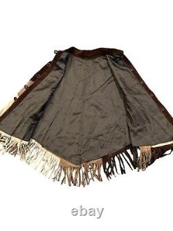 Vintage Suede Leather Poncho Cape Boho Western Hippie Fringe Hand Woven Sz M/L