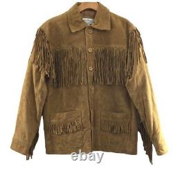 Vintage Suede Leather Tan Fringe Button Up Jacket Mens Large Western Style 70s