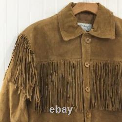Vintage Suede Leather Tan Fringe Button Up Jacket Mens Large Western Style 70s