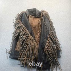 Vintage Two Tone Leather Fringe Western Biker Jacket Concho Lace Up Brown Black