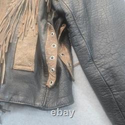Vintage Two Tone Leather Fringe Western Biker Jacket Concho Lace Up Brown Black