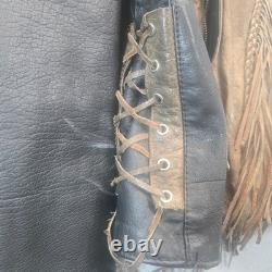 Vintage Two Tone Leather Fringe Western Biker Jacket Concho Lace Up Brown Black