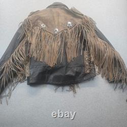 Vintage Two Tone Leather Fringe Western Biker Jacket Concho Lace Up Brown Black