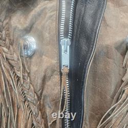 Vintage Two Tone Leather Fringe Western Biker Jacket Concho Lace Up Brown Black