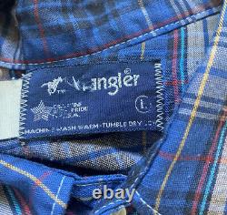 Vintage WRANGLER Men's Western Shirt Size L Front Pockets Plaid Pearl Snap Blue