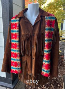 Vintage Western Brown Leather Fringe Jacket Joo Kay L with Pendleton Scarf
