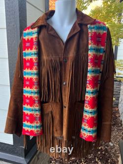 Vintage Western Brown Leather Fringe Jacket Joo Kay L with Pendleton Scarf
