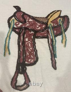 Vintage Western Cowboy Saddle Chenille Bedspread Horse Horseshoe Coverlet Bed Lg