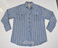 Vintage Western Shirt Frontier Rider Size L 80s Blue Black Aztec Stripe Made USA