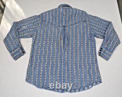 Vintage Western Shirt Frontier Rider Size L 80s Blue Black Aztec Stripe Made USA