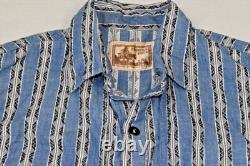 Vintage Western Shirt Frontier Rider Size L 80s Blue Black Aztec Stripe Made USA