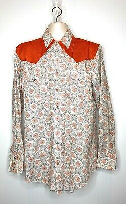 Vintage Western Shirt L Sears 1970's Rockabilly Cowboy Orange Flowers