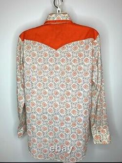 Vintage Western Shirt L Sears 1970's Rockabilly Cowboy Orange Flowers