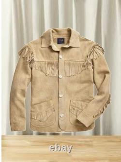 Vintage Western Suede Fringe Jacket Men's Cowboy Style Leather Coat Beige