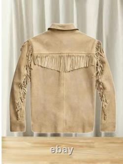 Vintage Western Suede Fringe Jacket Men's Cowboy Style Leather Coat Beige