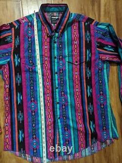 Vintage Wrangler Brushpopper Aztec Cowboy Shirt Size 17 XL