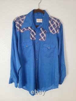 Vintage Wrangler Pearl Snap Western Button Down Shirt, large blue Rockabilly