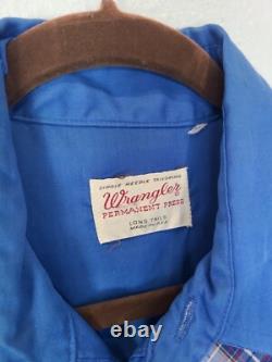 Vintage Wrangler Pearl Snap Western Button Down Shirt, large blue Rockabilly