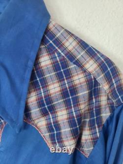 Vintage Wrangler Pearl Snap Western Button Down Shirt, large blue Rockabilly