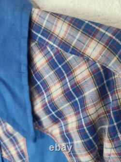 Vintage Wrangler Pearl Snap Western Button Down Shirt, large blue Rockabilly