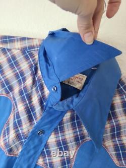 Vintage Wrangler Pearl Snap Western Button Down Shirt, large blue Rockabilly