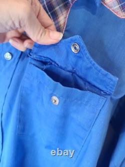 Vintage Wrangler Pearl Snap Western Button Down Shirt, large blue Rockabilly