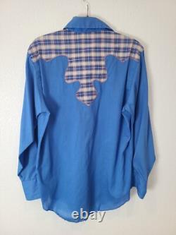 Vintage Wrangler Pearl Snap Western Button Down Shirt, large blue Rockabilly