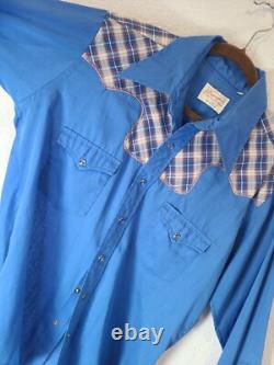 Vintage Wrangler Pearl Snap Western Button Down Shirt, large blue Rockabilly