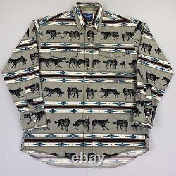 Vintage Wrangler Western Shirts Aztec Wolf Stripes Pearl Snap Mens LARGE