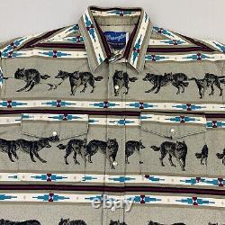 Vintage Wrangler Western Shirts Aztec Wolf Stripes Pearl Snap Mens LARGE