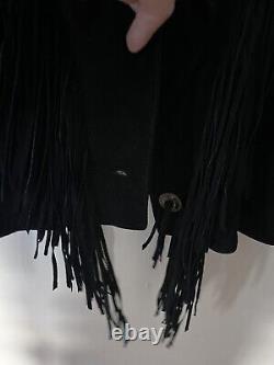 Vintage genuine leather black fringe cropped western jacket size 12 large Concho